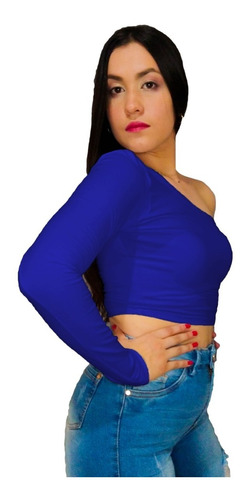 Crop Top De Dama Asimetrico Mujer Ombliguero Manga Larga