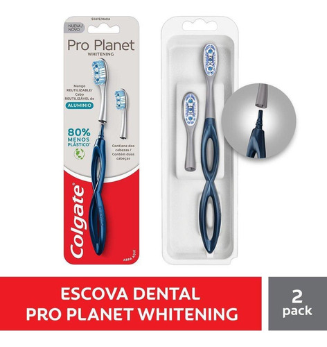 Escova Dental Azul + Refil Macia Whitening Colgate Pro Planet Cabeça Compacta 2 Unidades