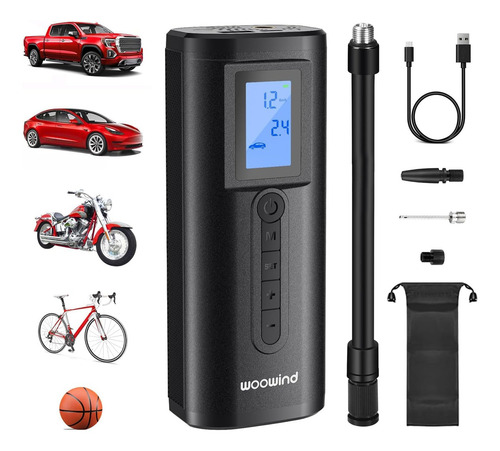 Woowind AP2-P Inflador de Llantas Compresor de Aire Eléctrico Bomba Portátil de 150 PSI Mini Hinchador para Coche Bicicleta, Motocicleta con Válvula Presta, Válvula Schrader Válvula Dunlop