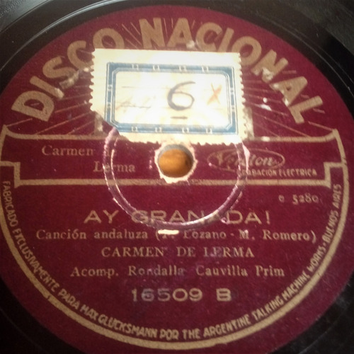 Disco Nacional Odeón 78 Rpm Canción Andaluza Carmen De Lerma (Usado)