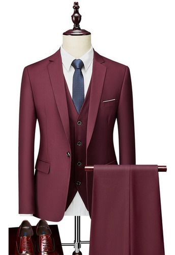 Traje De Boda Para Hombre De Negocios De 3 Piezas, Rojo Vino