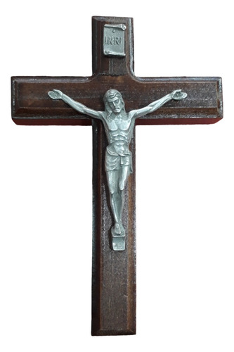 Cruz De Madera 16 Cm Para Colgar Pared - Cristo Plateado