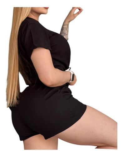 Conjunto Deportivo Short + Blusa Oversize Comodo Y Ligero Negro Lisa Unitalla