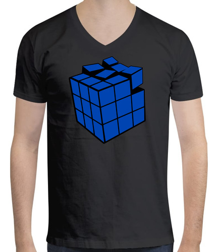 Playera Cuello V Para Hombre Estampado Cubo Rubik Azul 61