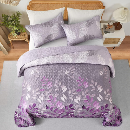 Juego De Edredón Morado Completo, 3 Pcs Colcha De Ve...