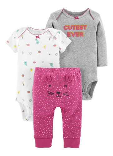 Imagen 1 de 5 de Trío Carters 3p Body Manga Corta, Larga Y Pantalon Beba Nena
