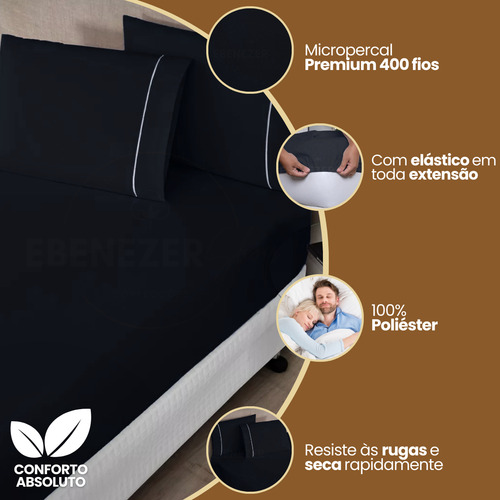 Lençol King Padrão C/ Elástico Fronha Ponto Palito Macio 3 Peças 400 Fios Premium Toque Macio Cor Preto