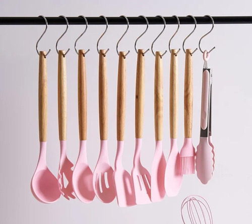 Set De 12 Utensilios Cocina Silicona Y Madera Con Recipiente