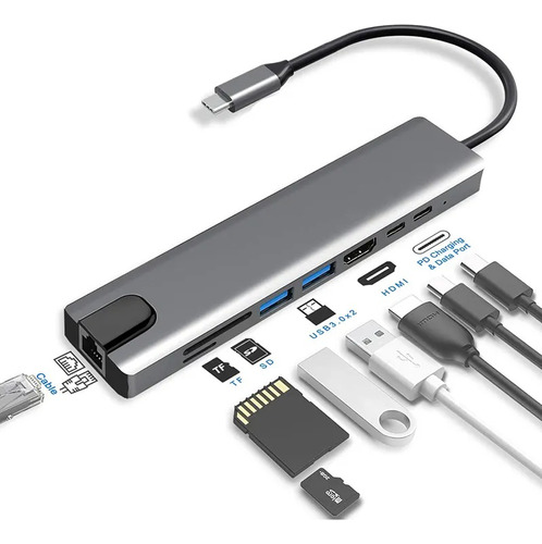 Hub Usb C Adaptador Multipuerto Hdmi Rj45 Pd 8 En 1 Mac Win