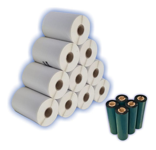 Kit 10 Rolos Etiqueta Couche 50x30 (mm) 2 Colunas + 5 Ribbon Cor Branco
