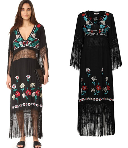 Free People Vestido Bordado Negro Tl Nuevo Con Etiqueta