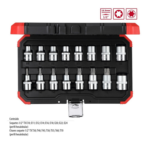 Imagem 3 de 3 de Jogo Soquetes Torx 1/2 E10 A E24 T30 A T70 16 Pçs Gedore Red