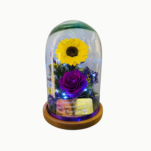 Girasol Con Rosa Eterna, Luz Y Placa