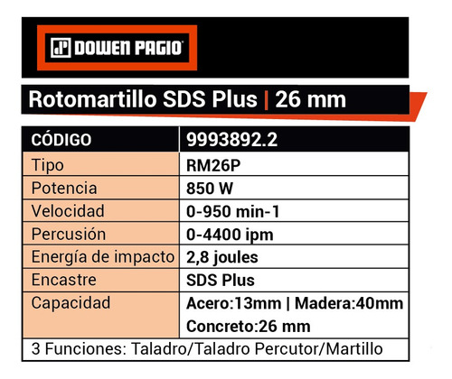Imagen 6 de 9 de Rotomartillo Sds Plus 26 Mm 850 W Dowen Pagio 9993892.2