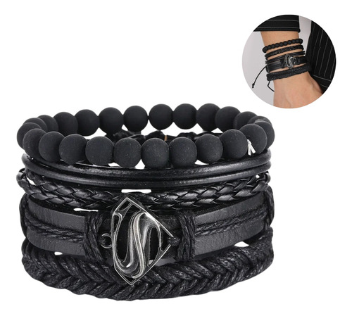 Pulsera Brazalete Manilla Cuero Negro Superman Hombre Mujer