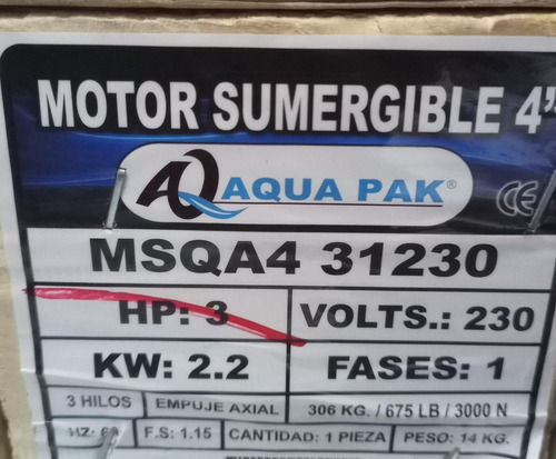 Bomba Sumergible Aqua Pak 3hp, 2 Pulgadas 1f, 230v M4x30-7