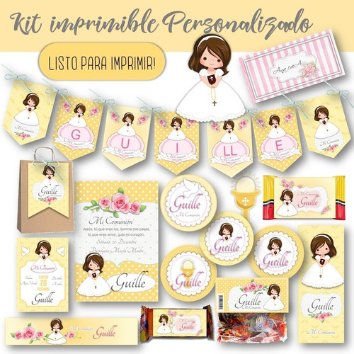 Kit Imprimible Comunión Nena Mod.7 Personalizado Amarillo