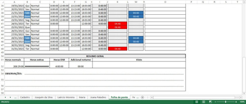 Planilha Controle De Hora Extras E Banco Horas Funcionários