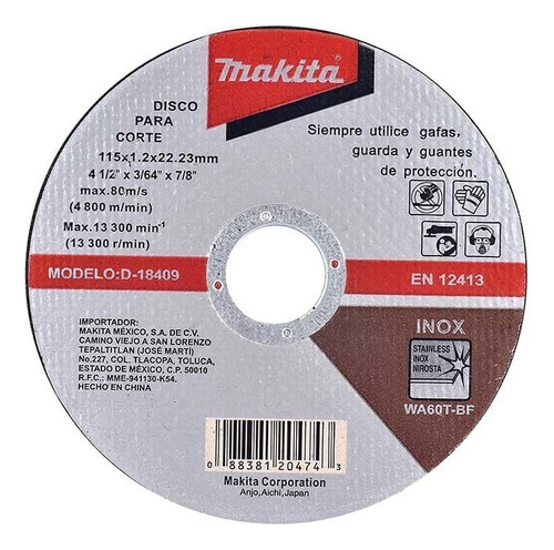 Disco Corte Acero Inoxidable 4 1/2''x1.2mm D-18409 Makita