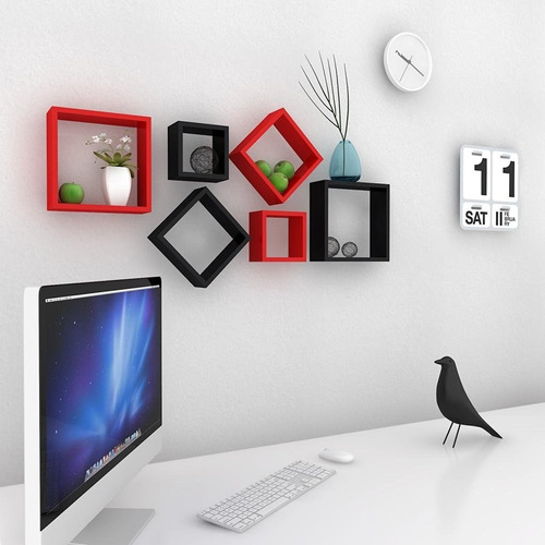 Imagem 2 de 5 de Nicho Decorativo Mdf Kit 6 Unidades - Cor Vermelho E Preto