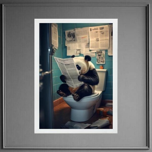 Quadro Panda No Banheiro Lendo Jornal 24x18cm - Com Vidro