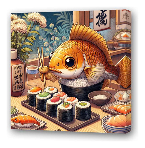 Cuadro 30x30cm Sushi Pez Dorado Goldfish Eating Japones