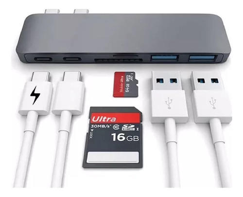 Hub Para Macbook Doble Usb-c A Usb-c X 2 / Usb 3.0 X 2 Color Gris