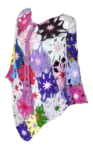 Colorido Poncho Calado Tejido Mano Crochet Talle Xxxl Mujer
