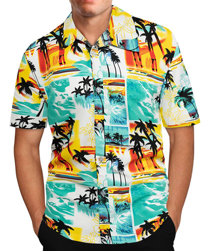 Camisa De Manga Corta Con Solapa Y Estampado Hawaiano B 4292