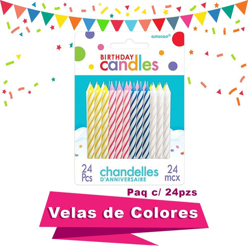 Velas De Cumpleaños Colores Marca Amscan Paquete / 24 Piezas