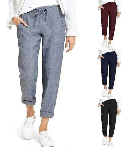 Pantalón De Mujer De Algodón Y Lino Con Cintura Elástica