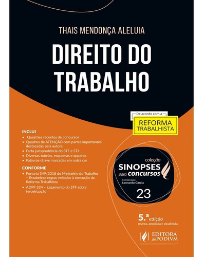 Sinopses Para Concursos - Vol 23 - Direito Do Trabalho- Jusp, De Thais Mendonca. Editora Editora Juridica Da Bahia Ltda, Capa Mole, Edição 5 Em Português