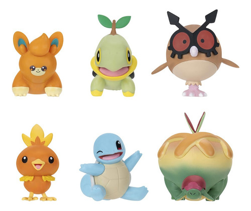 6 Bonecos Pawmi Torchic Turtwig Appletun Hoothoot e Squirtle Pokémon