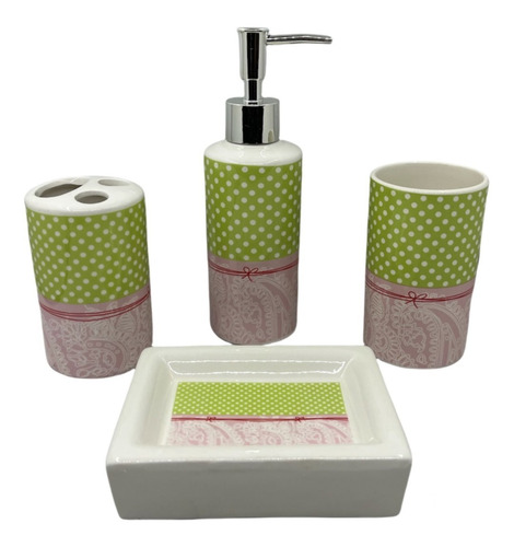 Set Baño Ceramica 4 Piezas Accesorios Dispenser Puntos Verde