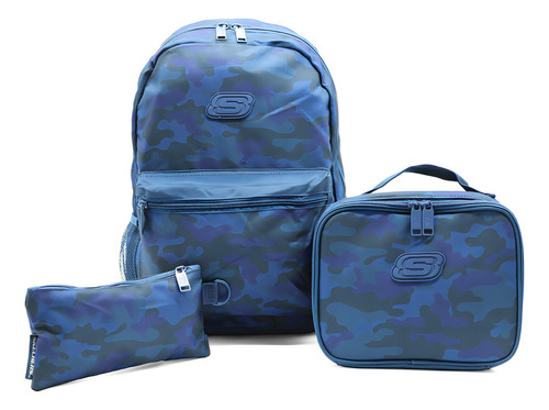 Set Skechers Escolar De Tres Piezas Incluye Mochila Con Portalaptop Una Lonchera Térmica Y Lapicera De Un Compartimento Color Azul Marino Diseño De La Tela Lisa