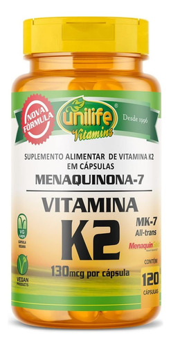 Vitamina K2 Mk-7 130mcg 120 Cápsulas Unilife Vitamins
