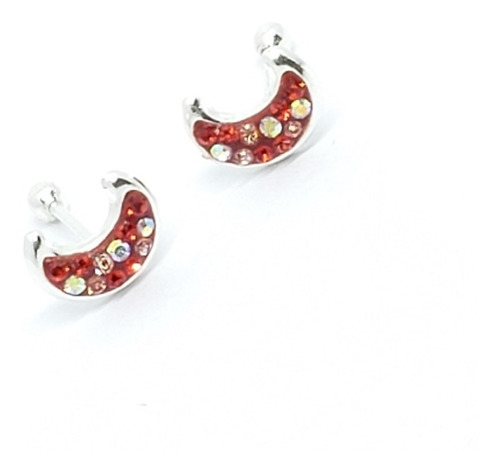 Aretes De Luna De Plata 925 Zirconias Rojas Broquel