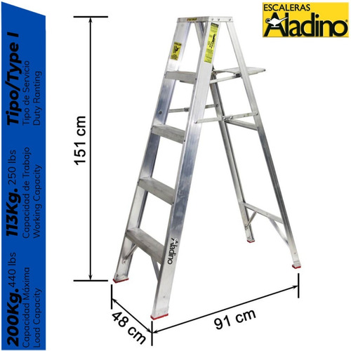 Imagen 2 de 3 de Escalera Tipo Tijera Aluminio Premium 1.52m 5 Tramos Aladino
