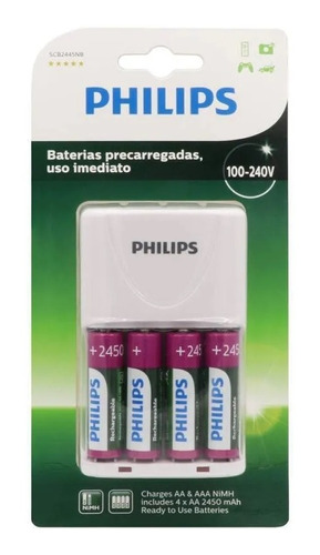 Kit 4 Pilhas Recarregavel Aa Pequenas  + Carregador Philips