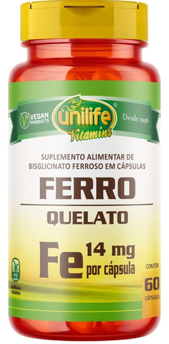 Suplemento En Cápsulas De Hierro Quelatado Unilife, 14 Mg De