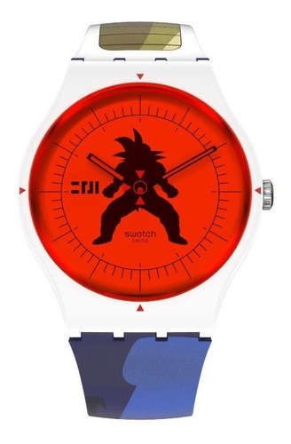 Reloj pulsera Swatch Dragon Ball Z Vegeta x Swatch de cuerpo color blanco, analógico, fondo rojo, con correa de silicona color azul, agujas color rojo y negro, dial negro, minutero/segundero negro y hebilla simple