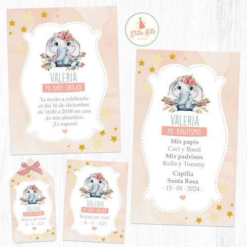 Kit Imprimible Elefante Flores Rosa + Banner, Personalizado