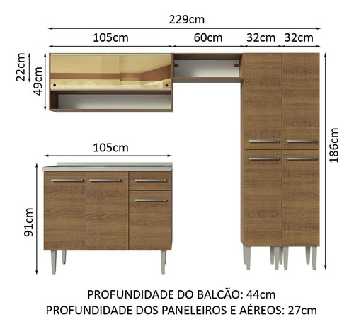 Mueble de Cocina Compacto de 229cm con Fregadero Emilly Madesa Color Rústico