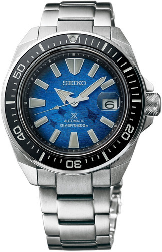 Reloj Seiko SRPE33k1 King Samurai Manta Ray Save Ocean, color de la correa: plata, color del bisel, color negro, color de fondo turquesa