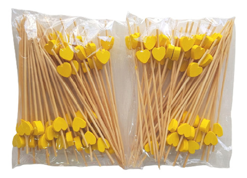 150 Espeto Enfeite Coração Amarelo 12 Cm Evento Lanche Drink