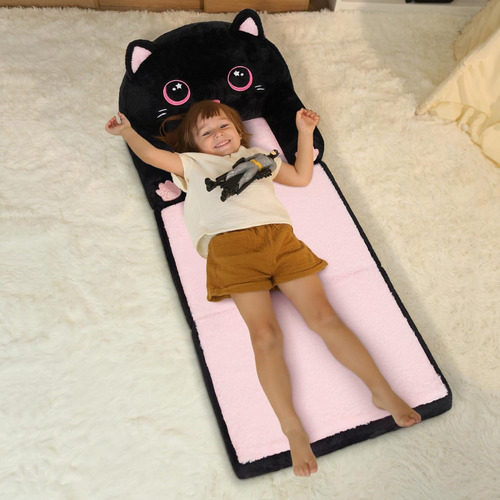 Sofá Plegable Para Niños 2 En 1 Silla Y Sillón De Terciopelo Color Negro Diseño De La Tela Gatito
