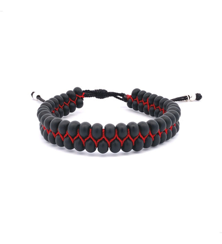 Pulsera Doble Tejida Bolitas Y Plata 925 Agálea Hombre Color Negro-rojo Diámetro 5 Cm Largo 16