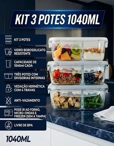 Kit com 3 Potes Hermético 1040ml com Divisória