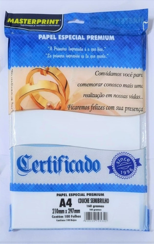 Papel Couche Semibrilho Masterprint 160g Pacote 100 Folhas Cor Branco