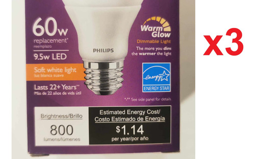 3pz Foco Philips Dimmer Calido 60w Comsume 9.5w
